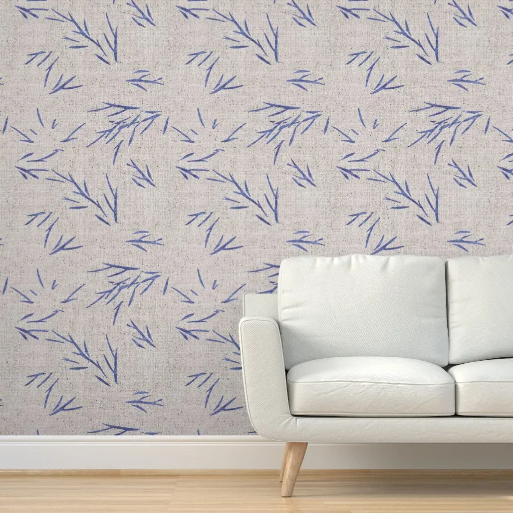 French Linen Leaf Peel and Stick Wallpaper - Dusty Blue product