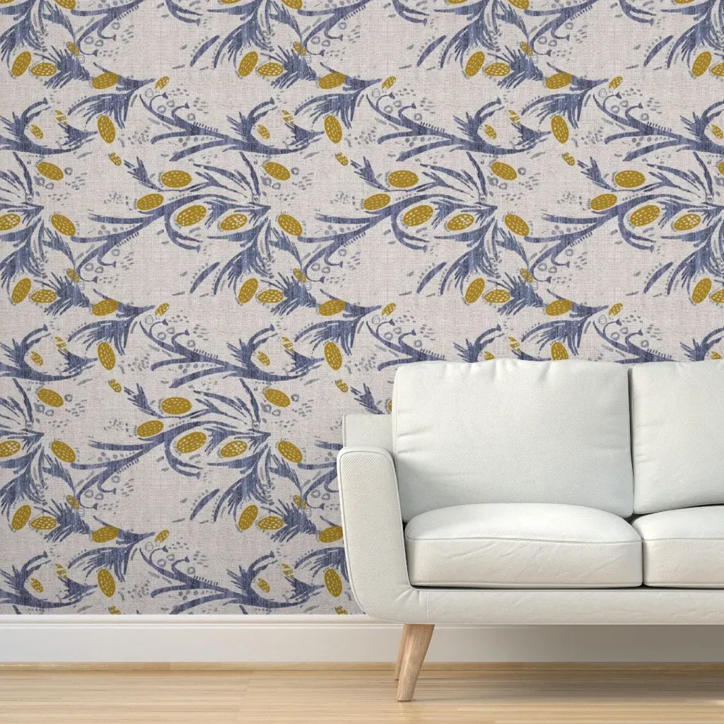 French Linen Thistle Rotated Peel and Stick Wallpaper - Beige, Blue, Gray product