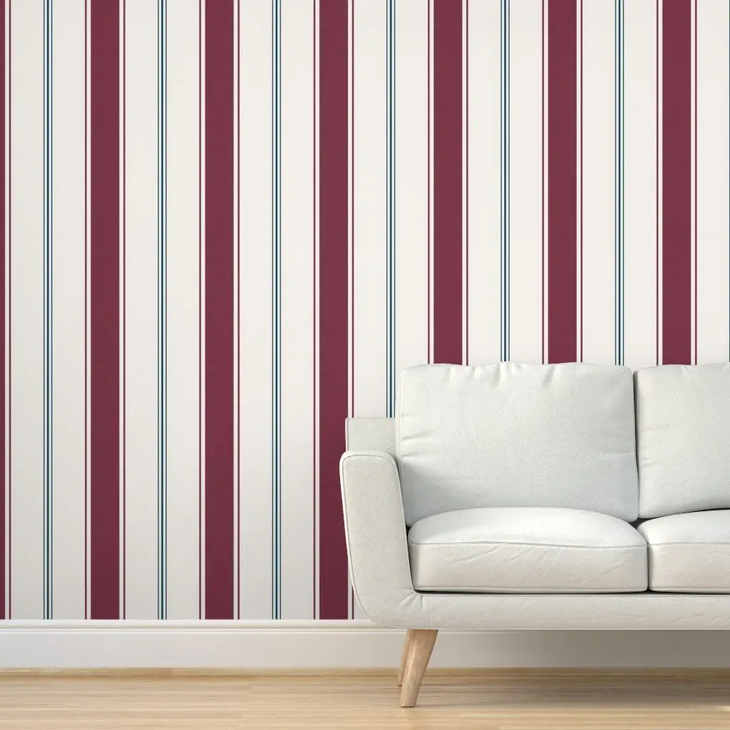 French Provincial Double Ticking Stripe Peel and Stick Wallpaper - Burgundy & Navy product