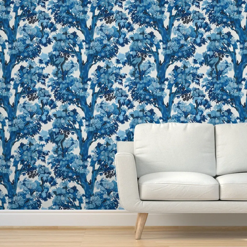 French Tapestry Trees Peel and Stick Wallpaper - Blue, White product