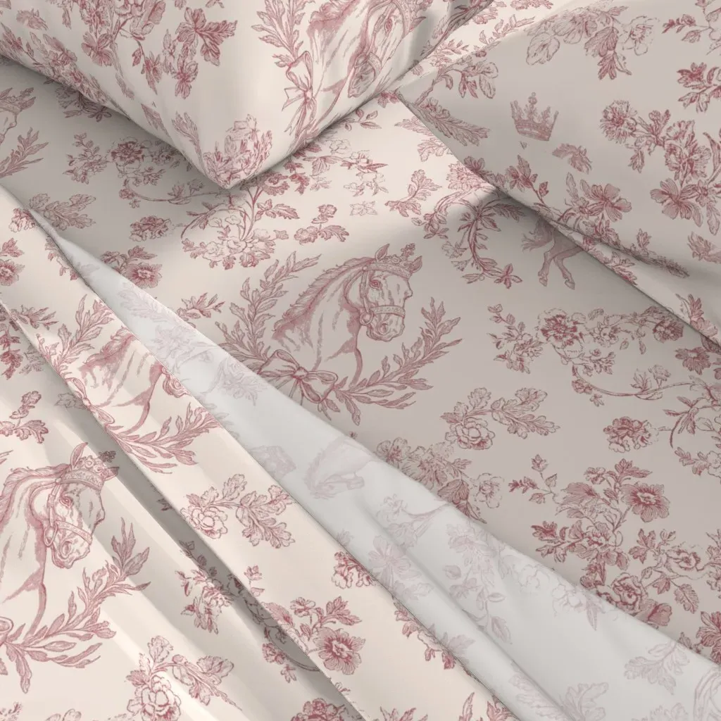 French Toile Horse & Floral Queen Sheet Set - Dusty Rose alternate view
