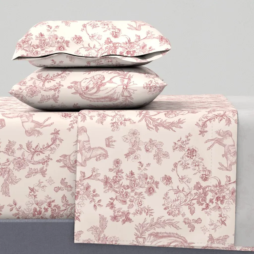 French Toile Horse & Floral Queen Sheet Set - Dusty Rose product