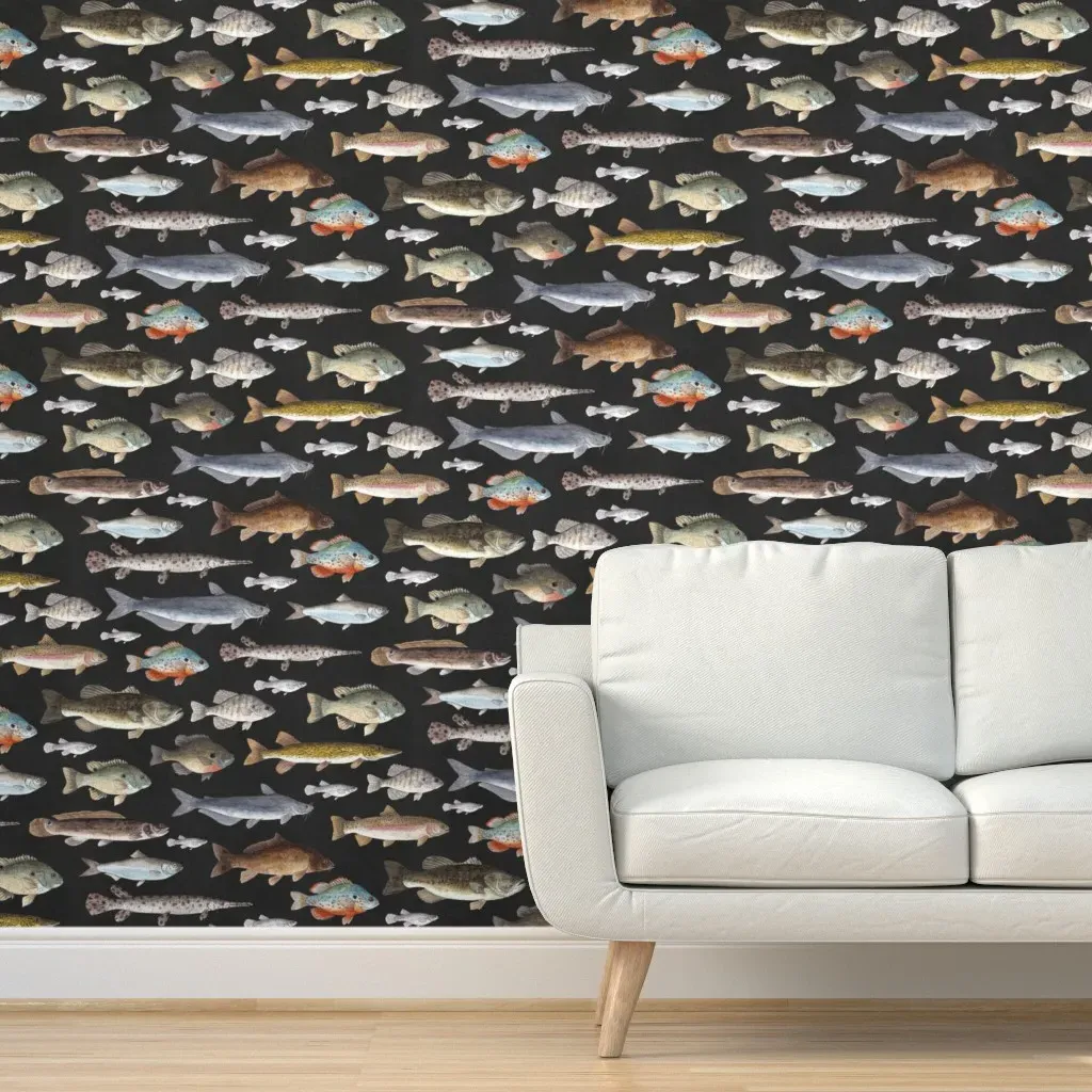 Freshwater Fish Watercolor Large Scale Peel and Stick Wallpaper - Gray product