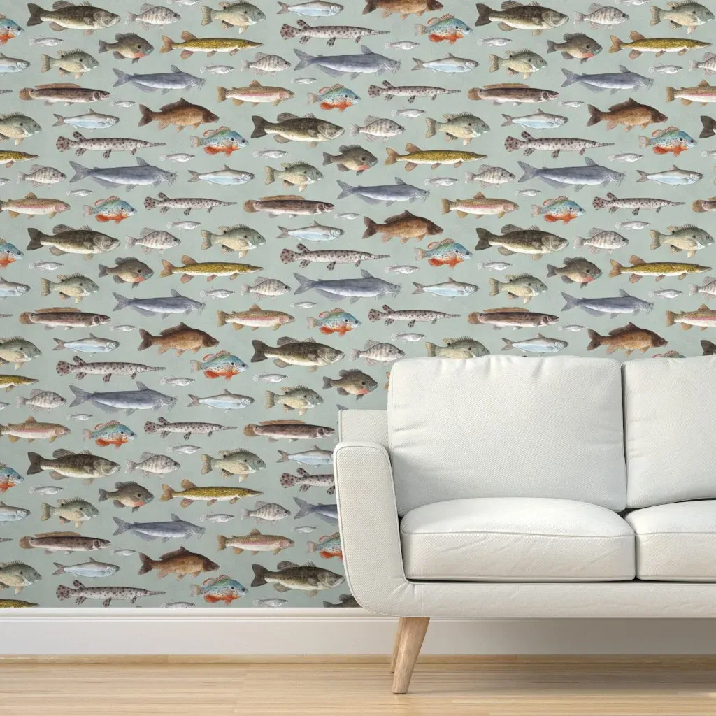 Freshwater Fish Watercolor Peel and Stick Wallpaper - Light Teal product