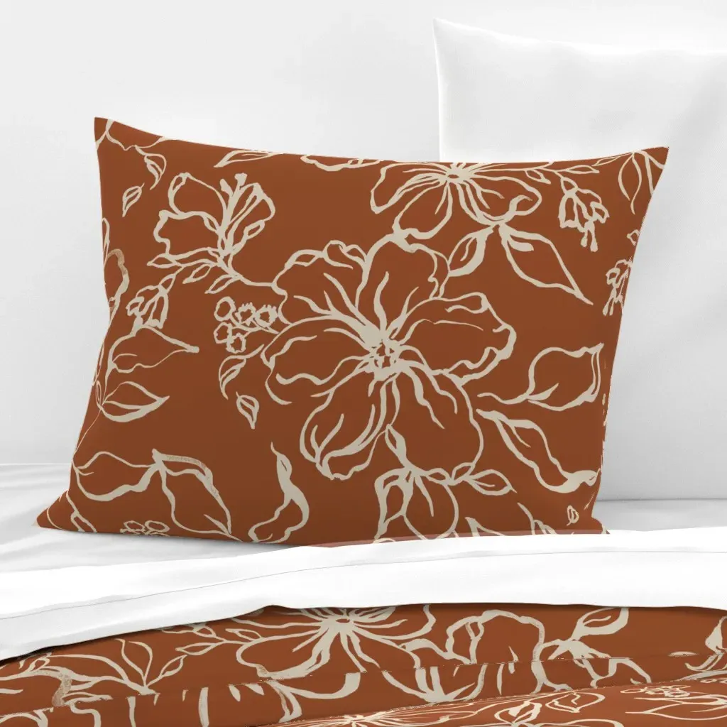 Frida Linear Inky Japandi Floral Standard Pillow - Burnt Sienna, Cotton Sateen product