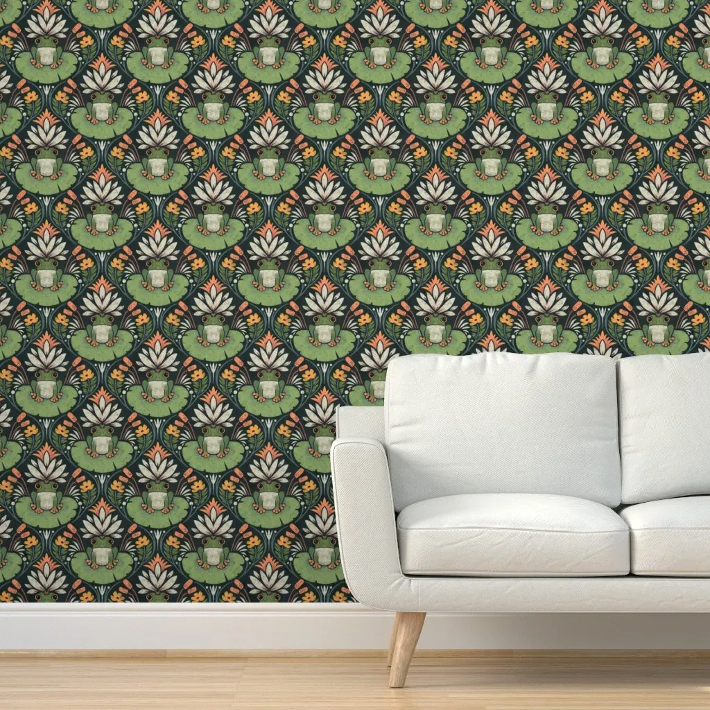 Frog And Lotus Peel and Stick Wallpaper - Green, Navy product