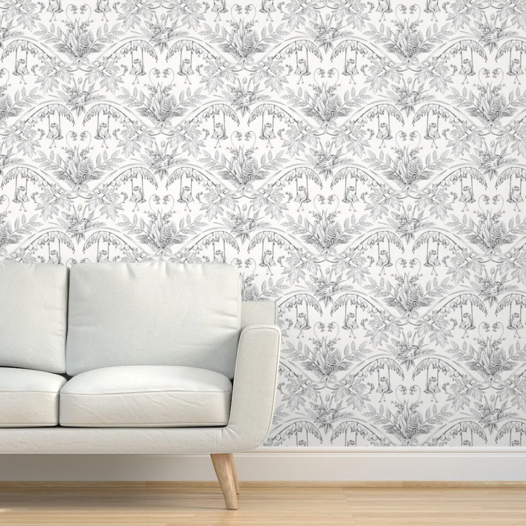 Frogs In A Flower Garden Damask Peel and Stick Wallpaper - Charcoal Gray product