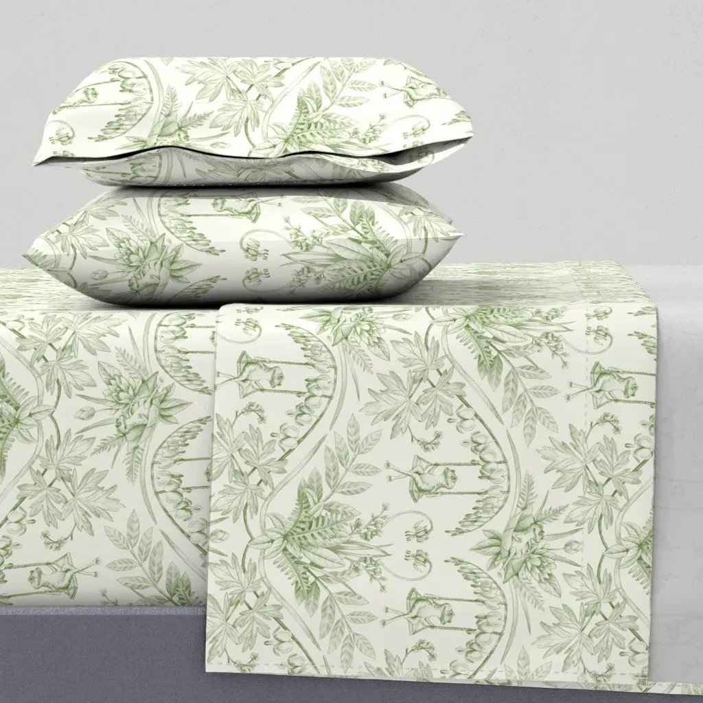 Frogs In A Flower Garden Damask Twin XL Sheet Set - Sage Green product