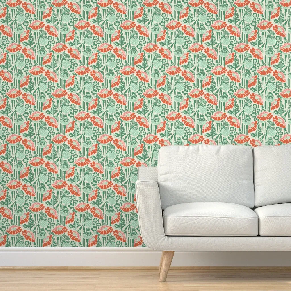 Frogs Sanctuary Peel and Stick Wallpaper - Green, Mint, Coral product