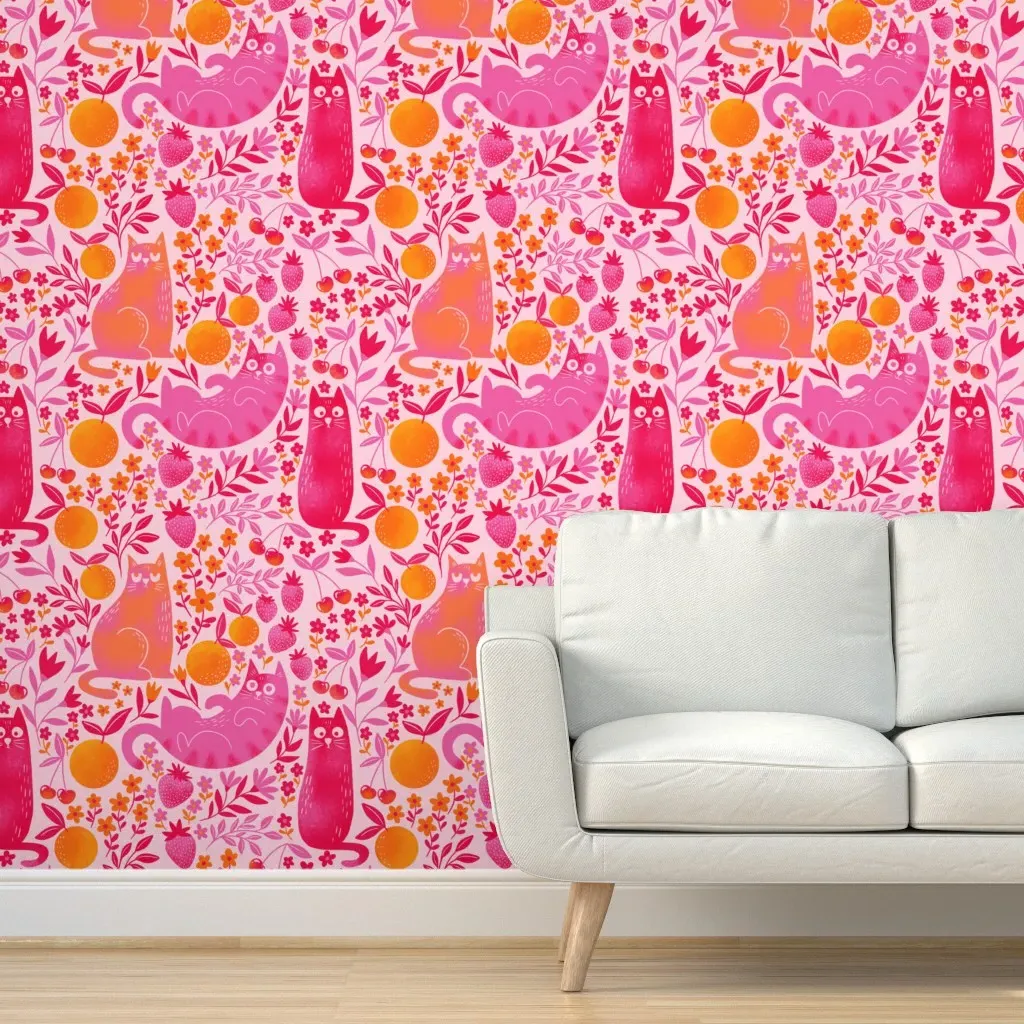 Fruity Cats Peel and Stick Wallpaper - Pink product