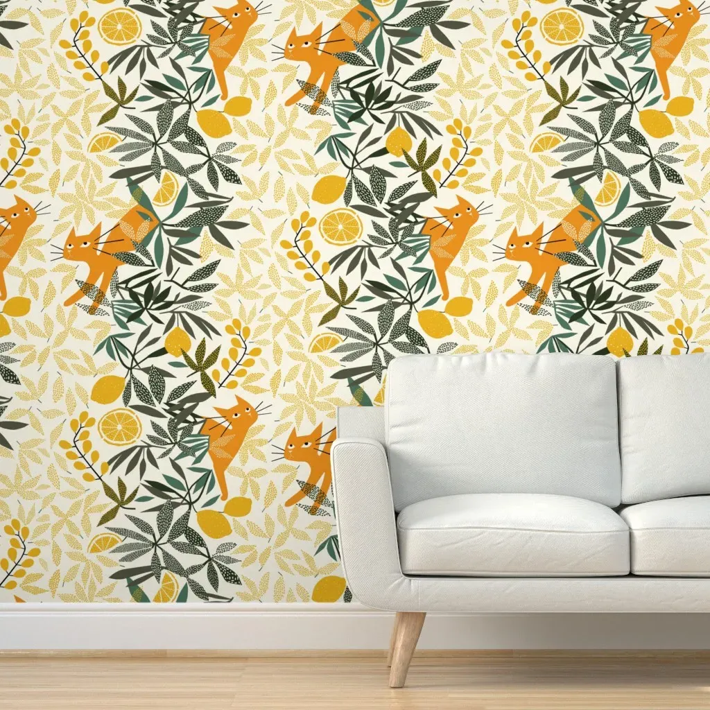 Fruity Felines Peel and Stick Wallpaper - Beige, Green product