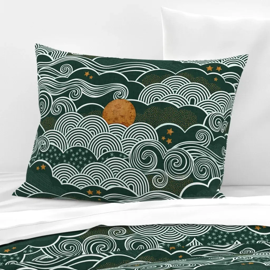 Full Moon And Stars Over Clouds Standard Pillow - Dark Teal, Cotton Sateen product