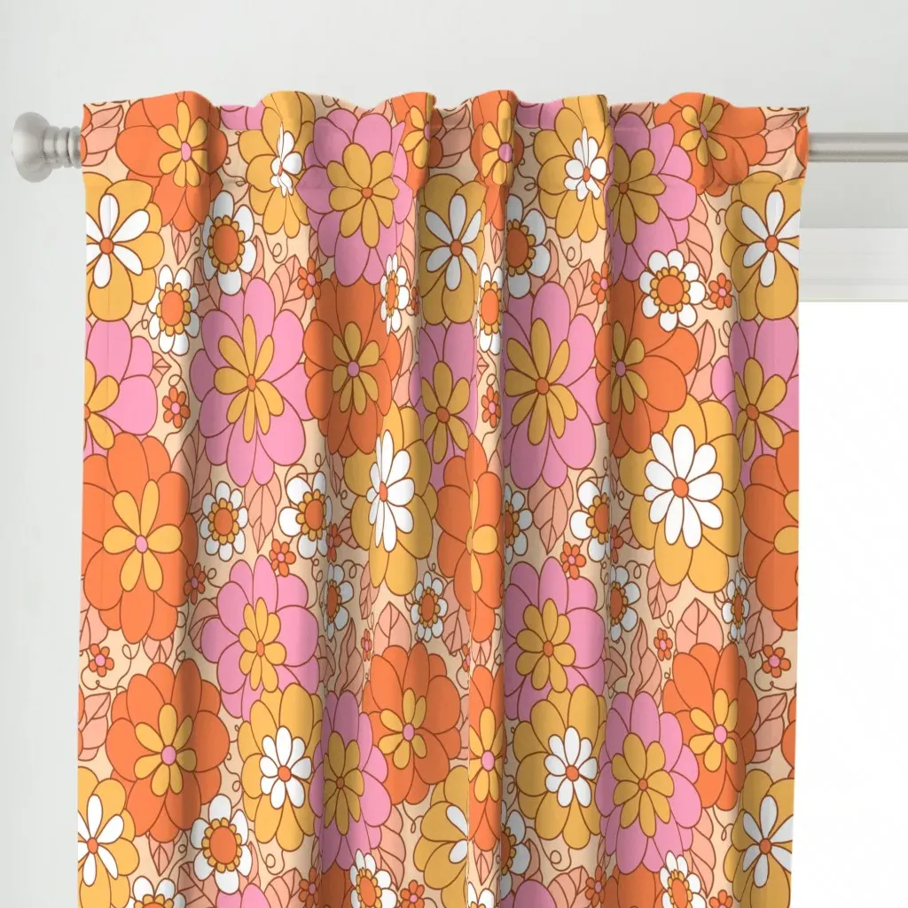 Fun Florals 1970s Curtain Panel - Orange alternate view