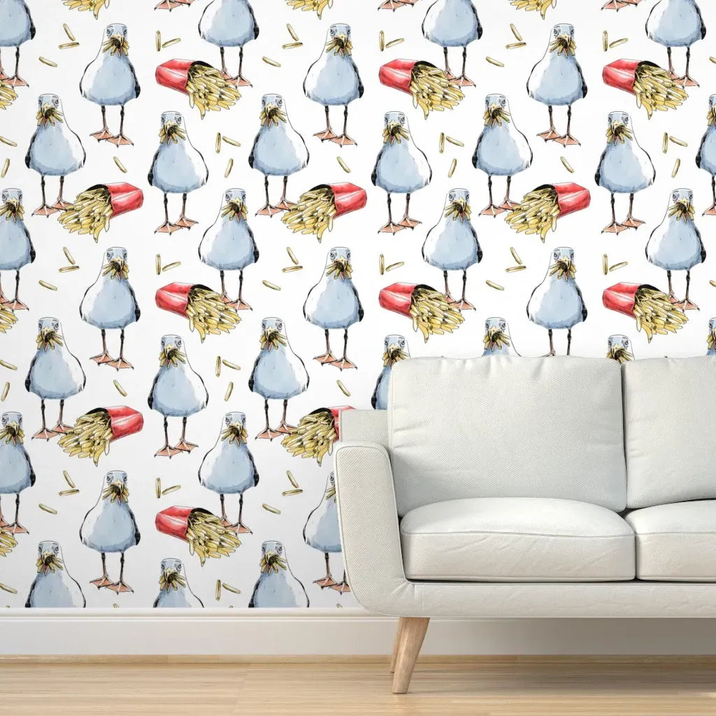 Funny Seagull Stealing French Fries Peel and Stick Wallpaper - White product