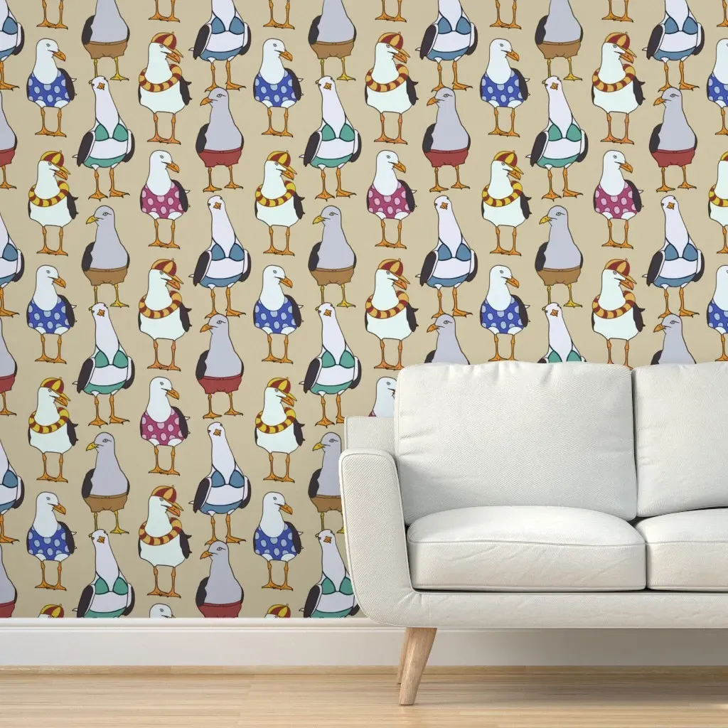 Funny Seagulls On The Beach Peel and Stick Wallpaper - Beige product
