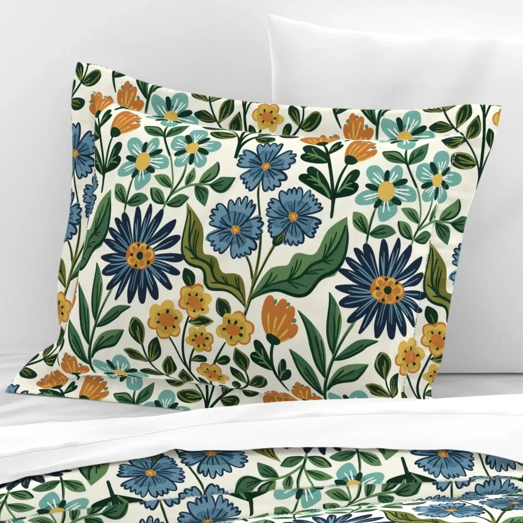 Garden Floral Standard Flanged Pillow Sham - Navy Blue, Cotton Sateen product