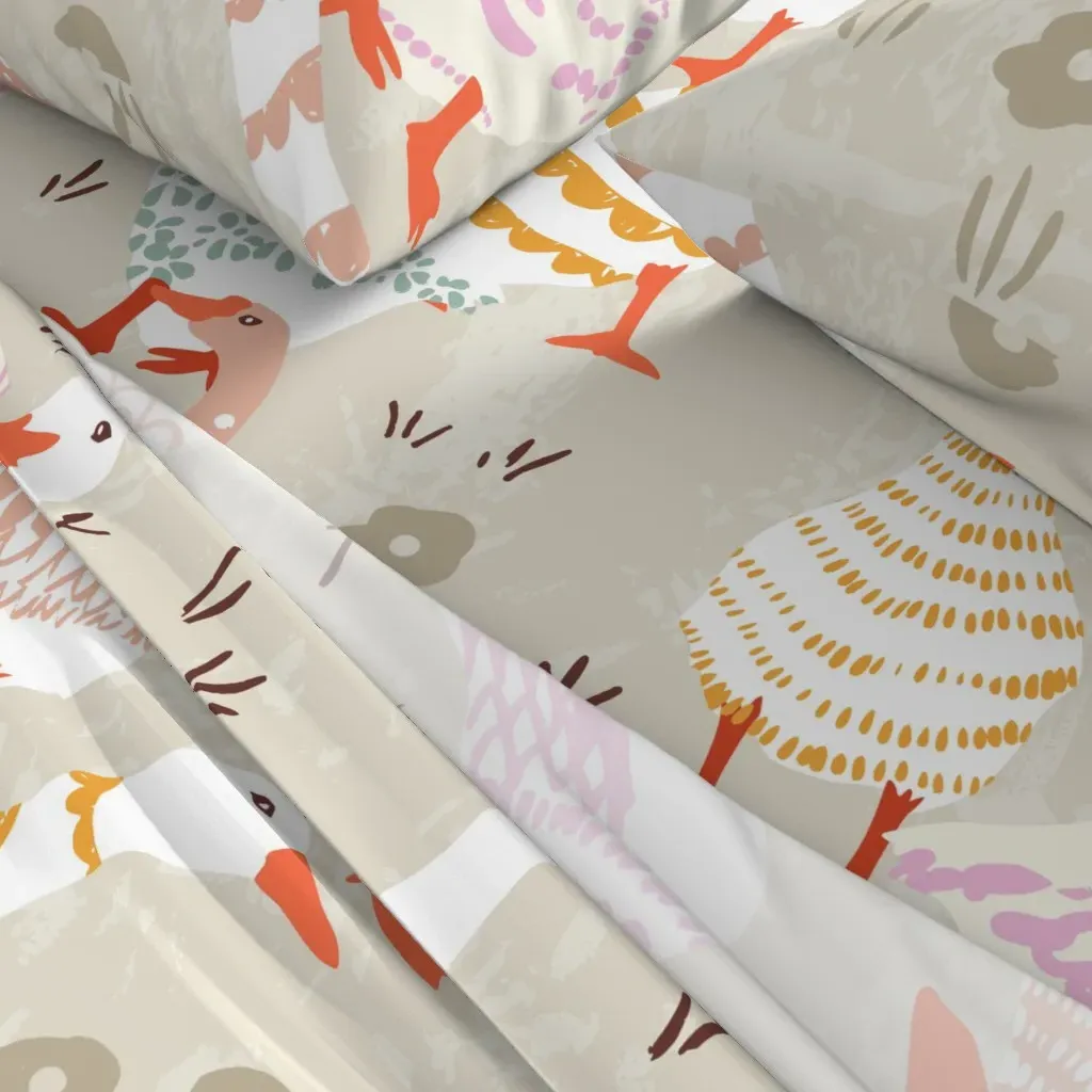Geese Cute Patterned Farm Animals Queen Sheet Set - Off-White alternate view