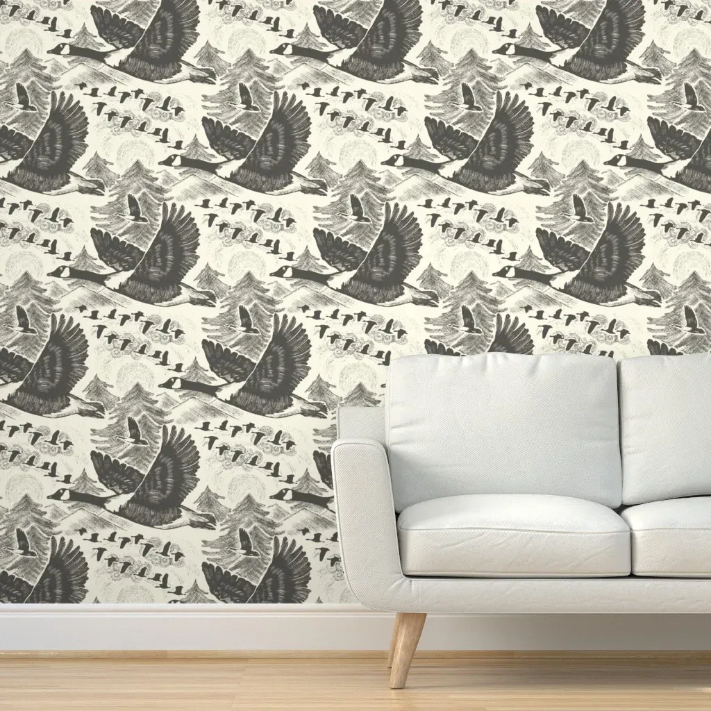 Geese Flocks Forest Mountain Landscape Peel and Stick Wallpaper - Charcoal product