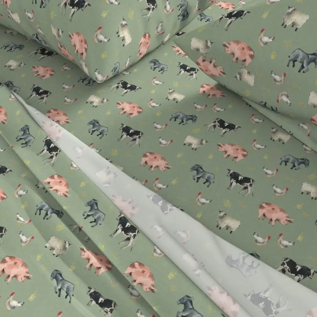 Gentle Farm Animals Twin Sheet Set - Sage Green, Linen alternate view