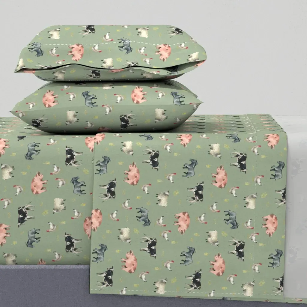 Gentle Farm Animals Twin Sheet Set - Sage Green, Linen product