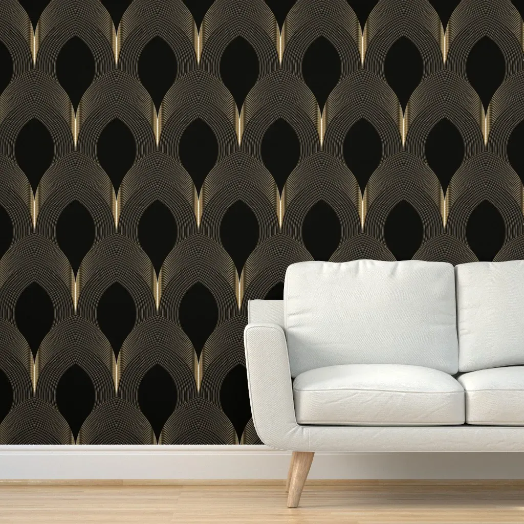 Geo Art Deco Feather Tile Peel and Stick Wallpaper - Black Gold product