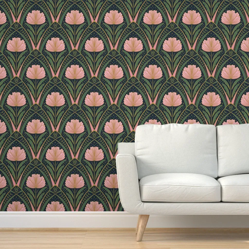 Geometric Arch Art Deco Peony Peel and Stick Wallpaper - Pink, Deep Blue product