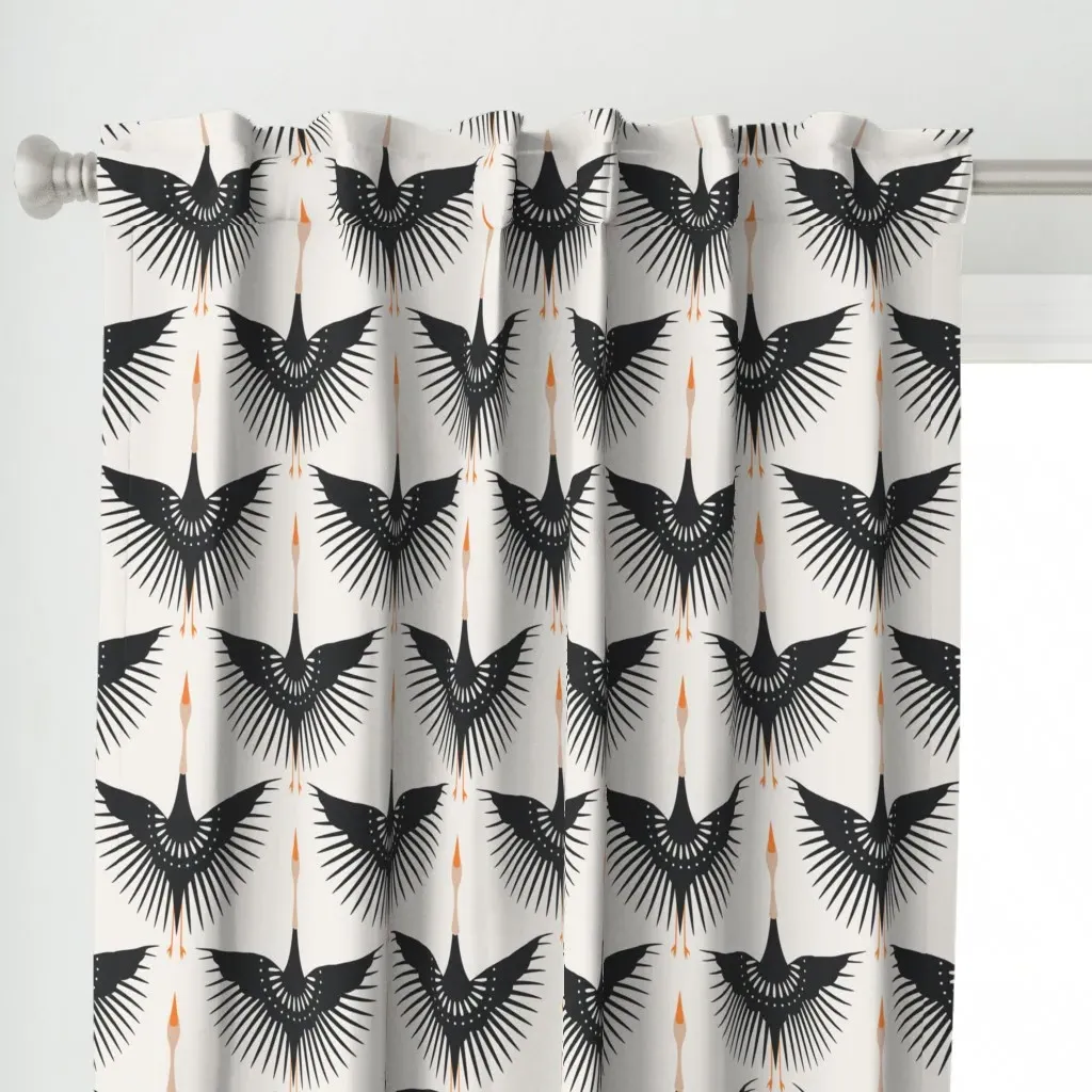 Geometric Art Deco Cranes Curtain Panel - Black alternate view
