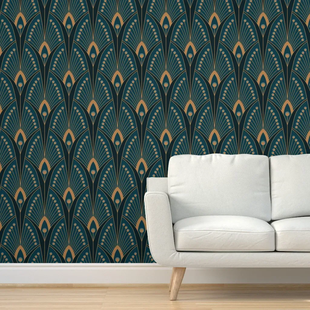 Geometric Art Deco Peacock Feathers Peel and Stick Wallpaper - Teal product