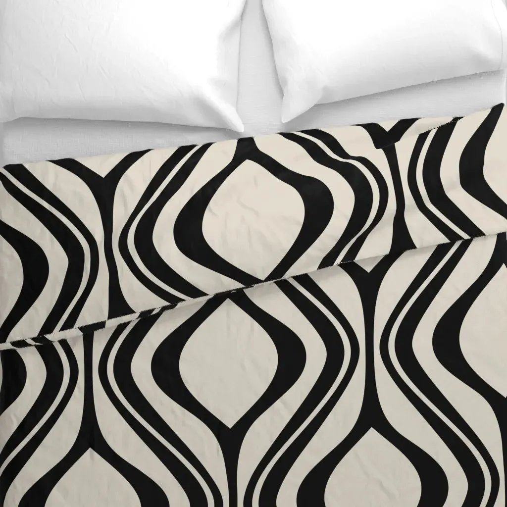 Geometric Ogee Waves Retro Duvet Cover - Black alternate view