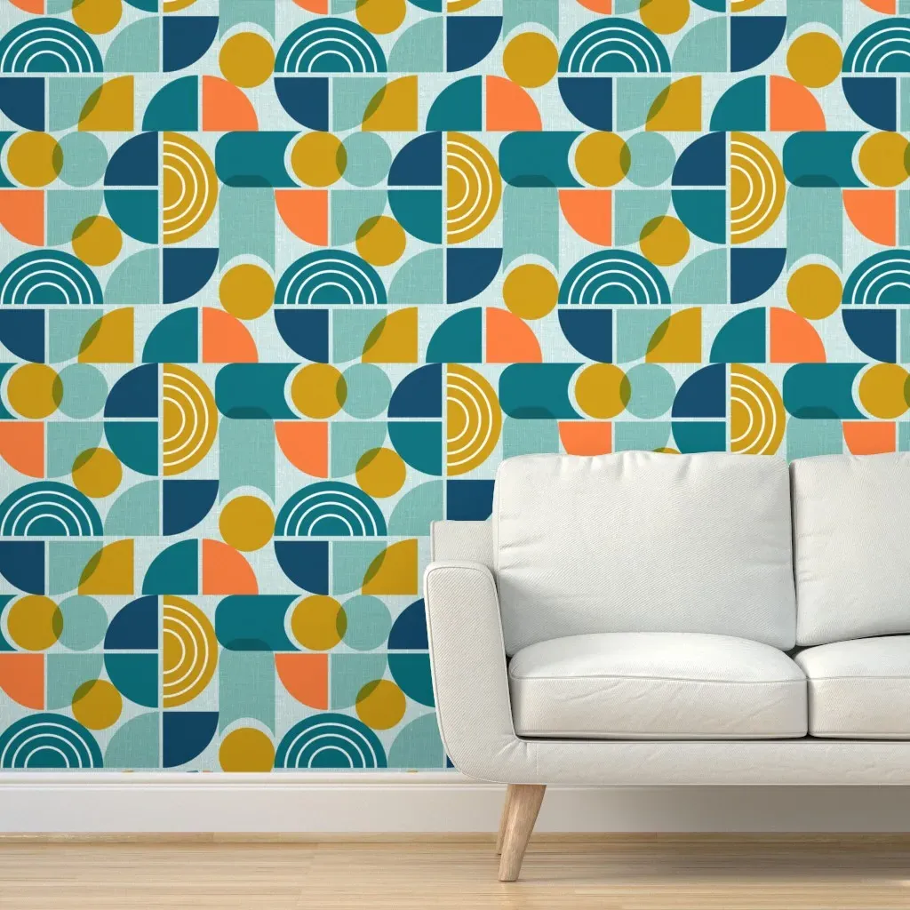 Geometric Retro Bauhaus Arches Peel and Stick Wallpaper - Teal product