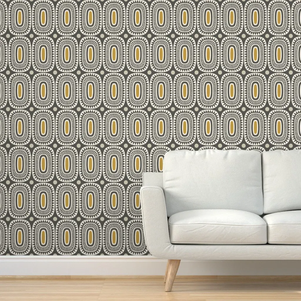 Geometric Sun Ovals Peel and Stick Wallpaper - Charcoal Black and Mustard product