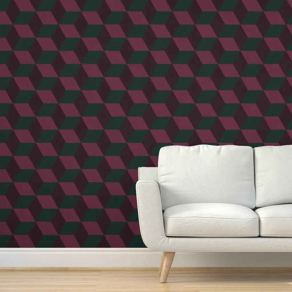 Geometric Tessellating Cubes 3D Optical Illusion Wallpaper - Burgundy product