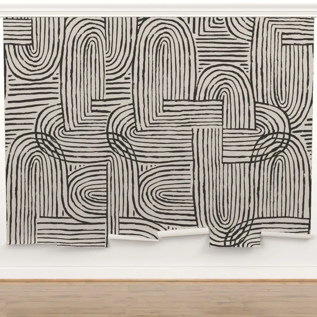 Geometric Zen Line Peel and Stick Wall Mural - Charcoal, Cream product