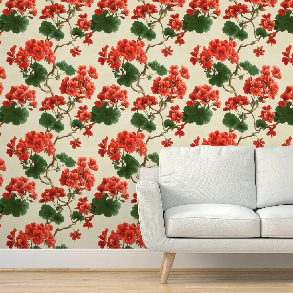 Geranium Blossom Floral Vines Peel and Stick Wallpaper - Red product