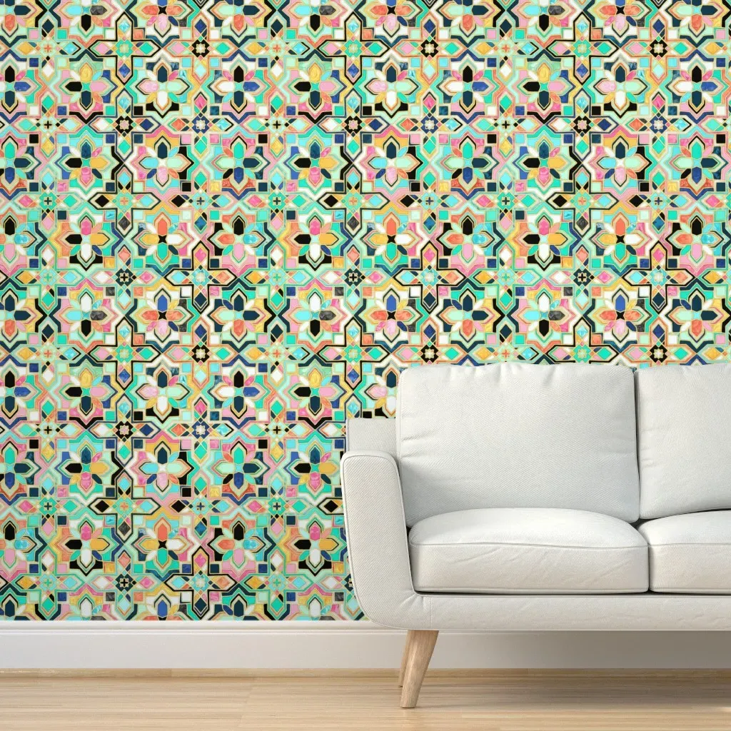 Gilded Boho Jeweled Tiles Peel and Stick Wallpaper - Green, Black, Blue product