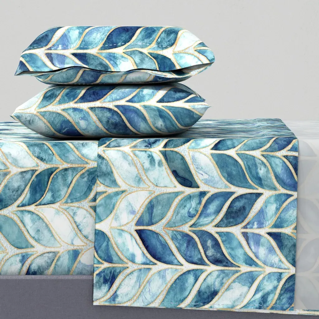 Gilded Watercolor Whale Tail Tiles Cal King Sheet Set - Teal product