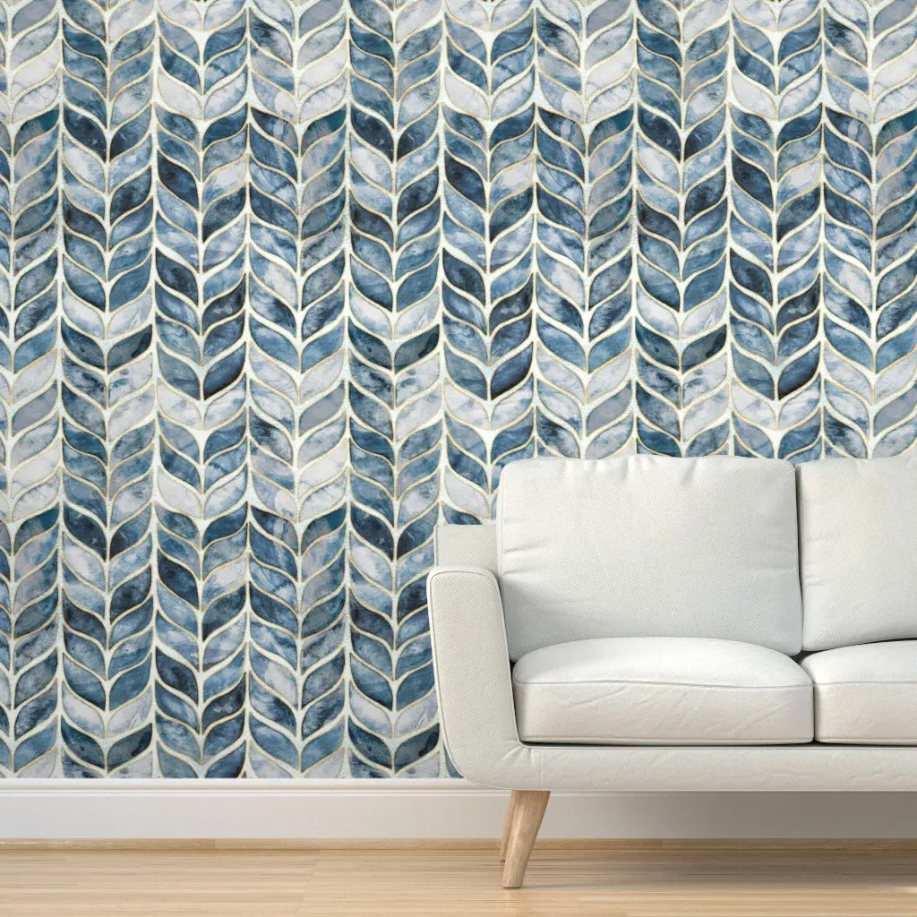 Gilded Watercolor Whale Tail Tiles Peel and Stick Wallpaper - Navy product