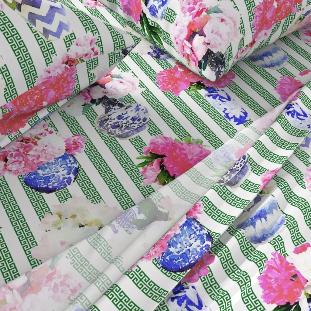 Ginger Jar Peony Greek Key Stripe King Sheet Set - Pink alternate view