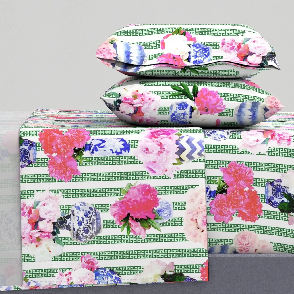 Ginger Jar Peony Greek Key Stripe King Sheet Set - Pink product