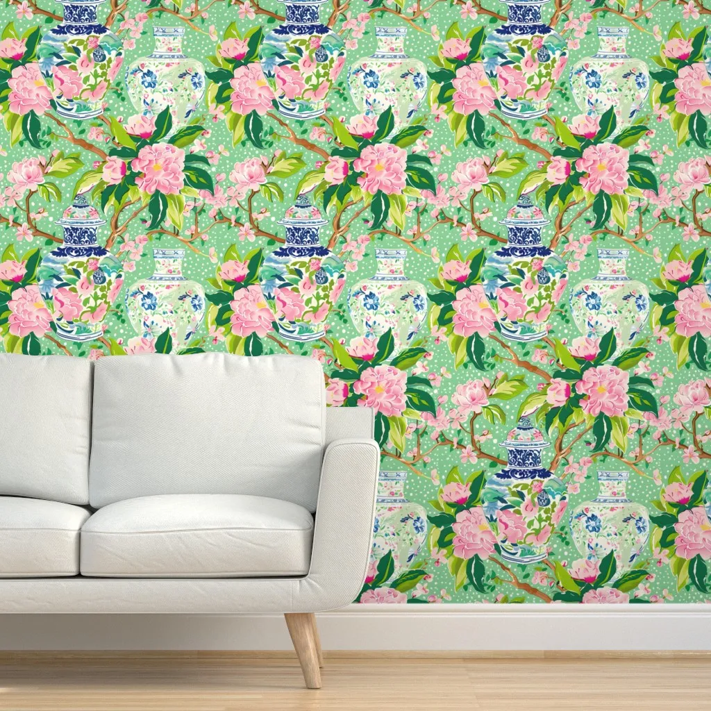 Ginger Jars And Peonies Peel and Stick Wallpaper - Pink, Green product
