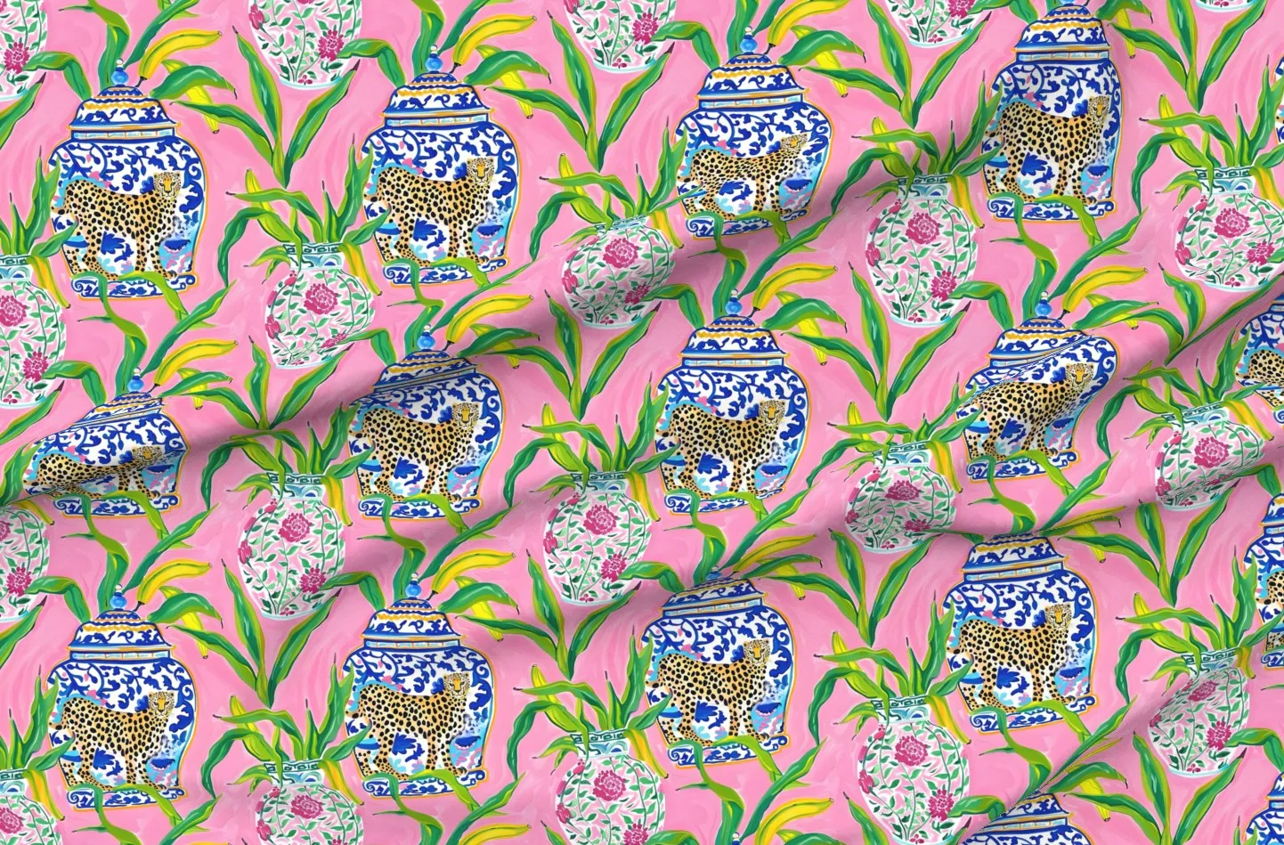 Ginger Jars Cheetah Banana Leaves Pique Fabric - Pink product