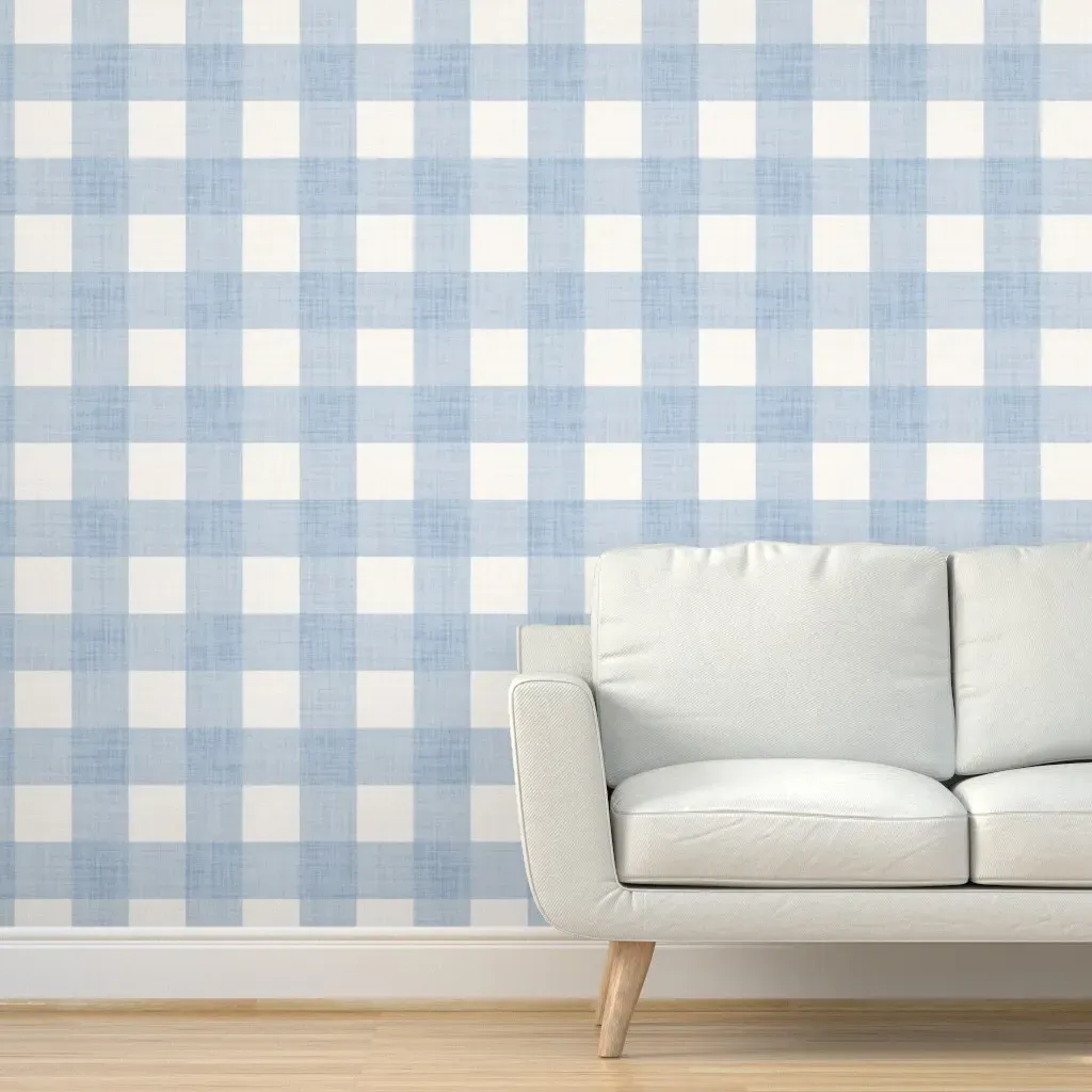 Gingham Check Peel and Stick Wallpaper - Medium Blue, Linen Texture product