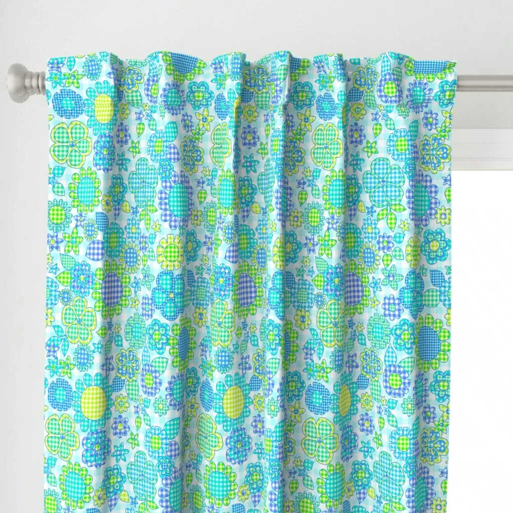 Gingham Flowers Curtain Panel - Light Blue alternate view