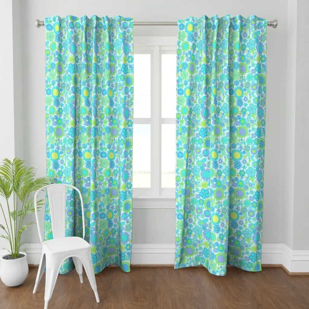 Gingham Flowers Curtain Panel - Light Blue product