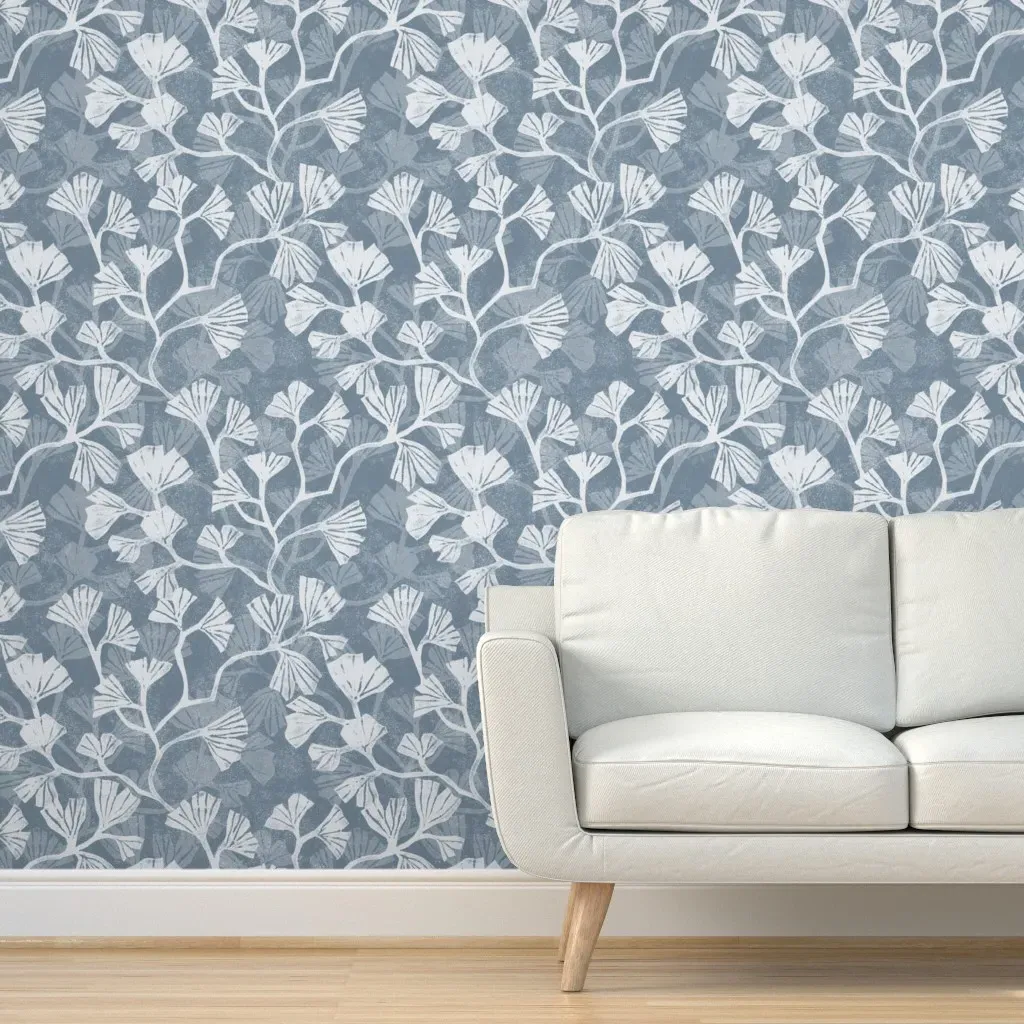 Ginkgo Biloba Leaves Peel and Stick Wallpaper - Denim Blue product