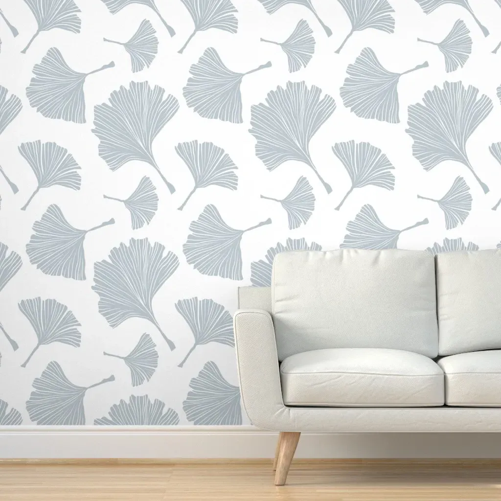 Ginkgo Biloba Line Art Peel and Stick Wallpaper - Blue, White product