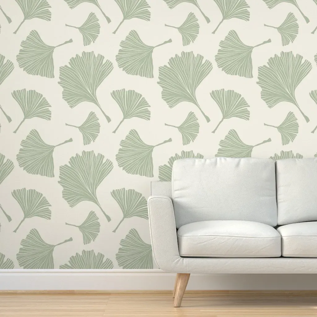 Ginkgo Biloba Line Art Peel and Stick Wallpaper - Green, White product