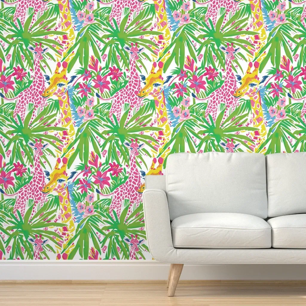 Giraffe Parade Peel and Stick Wallpaper - Pink/Green, White product