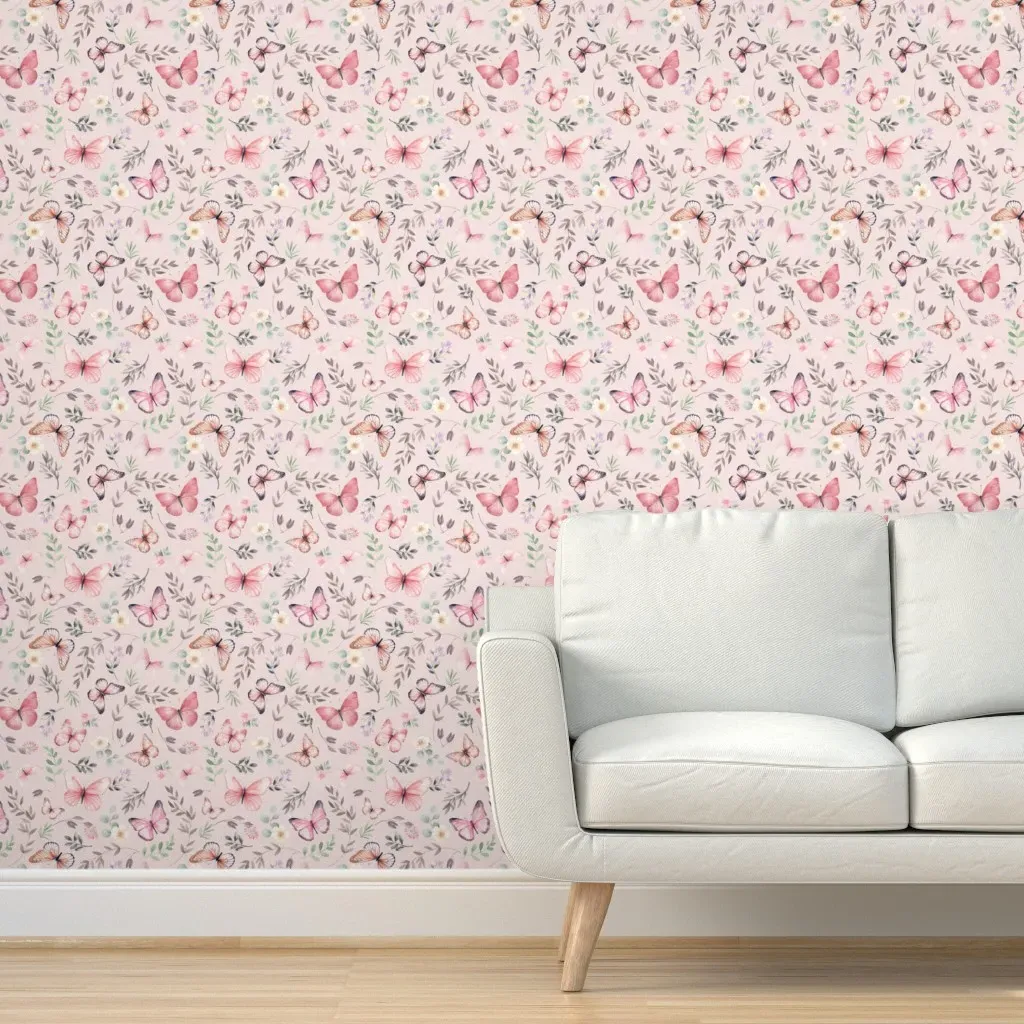Girly Pink Butterfly Floral Peel and Stick Wallpaper - Pink product