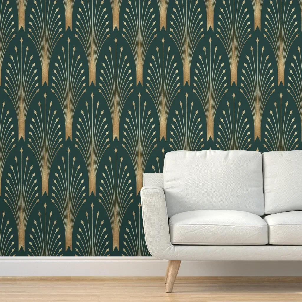 Glamour Art Deco Peel and Stick Wallpaper - Pine Green, Gold product